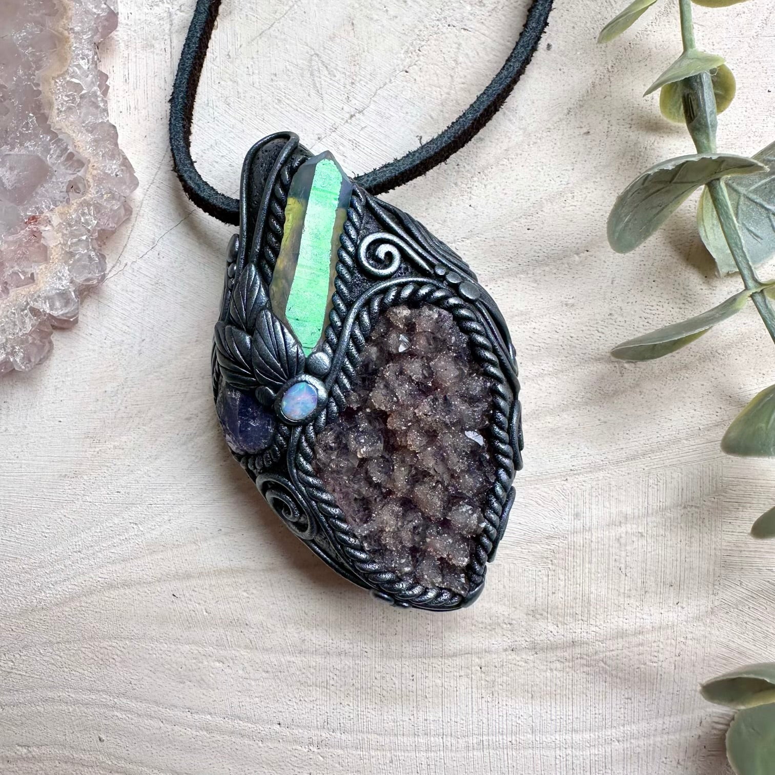Healing crystal necklace with quartz on amethyst and opal