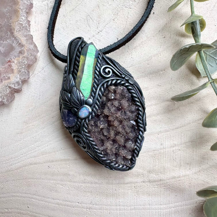 Healing crystal necklace with quartz on amethyst and opal