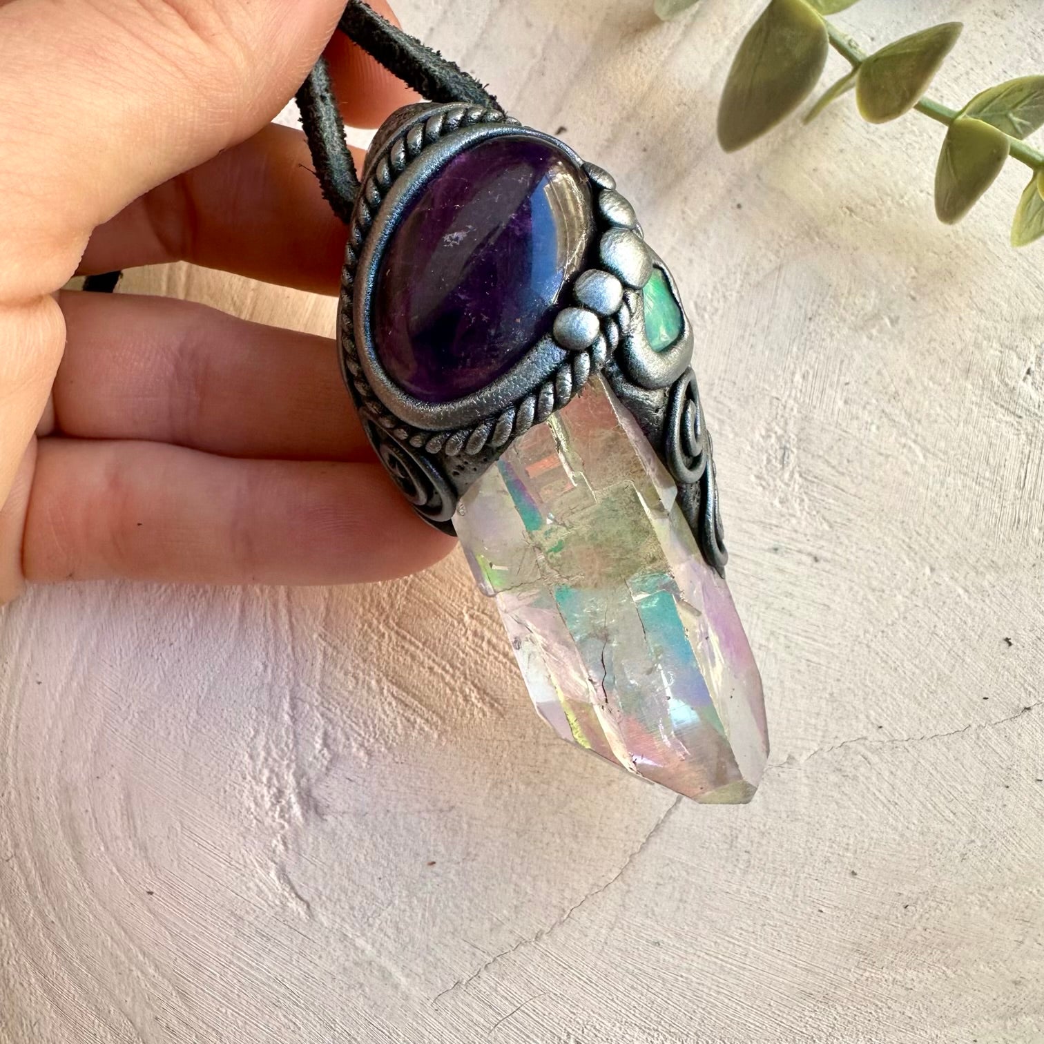 Angel aura quartz amethyst and raw Ethiopian opal pendant necklace