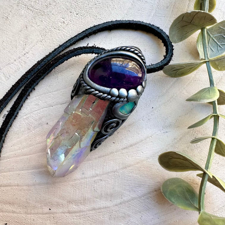 One of a kind gemstone necklace with angel aura quartz and amethyst