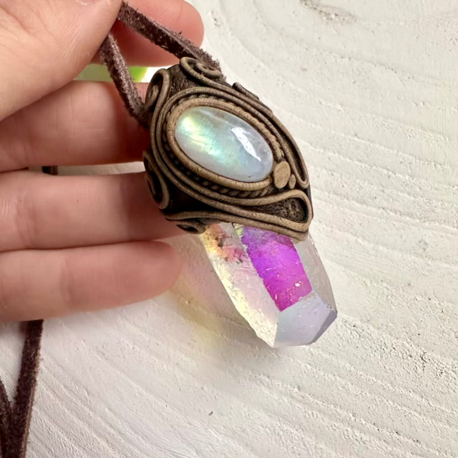 Artisan necklace featuring Rainbow Moonstone and Angel Aura Quartz
