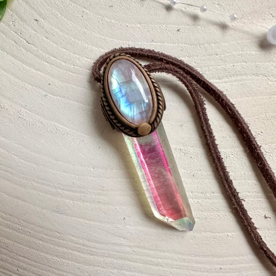 Handmade gemstone pendant – Angel Aura Quartz and Rainbow Moonstone