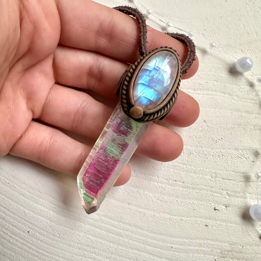 Healing crystal necklace with Angel Aura Quartz and Moonstone