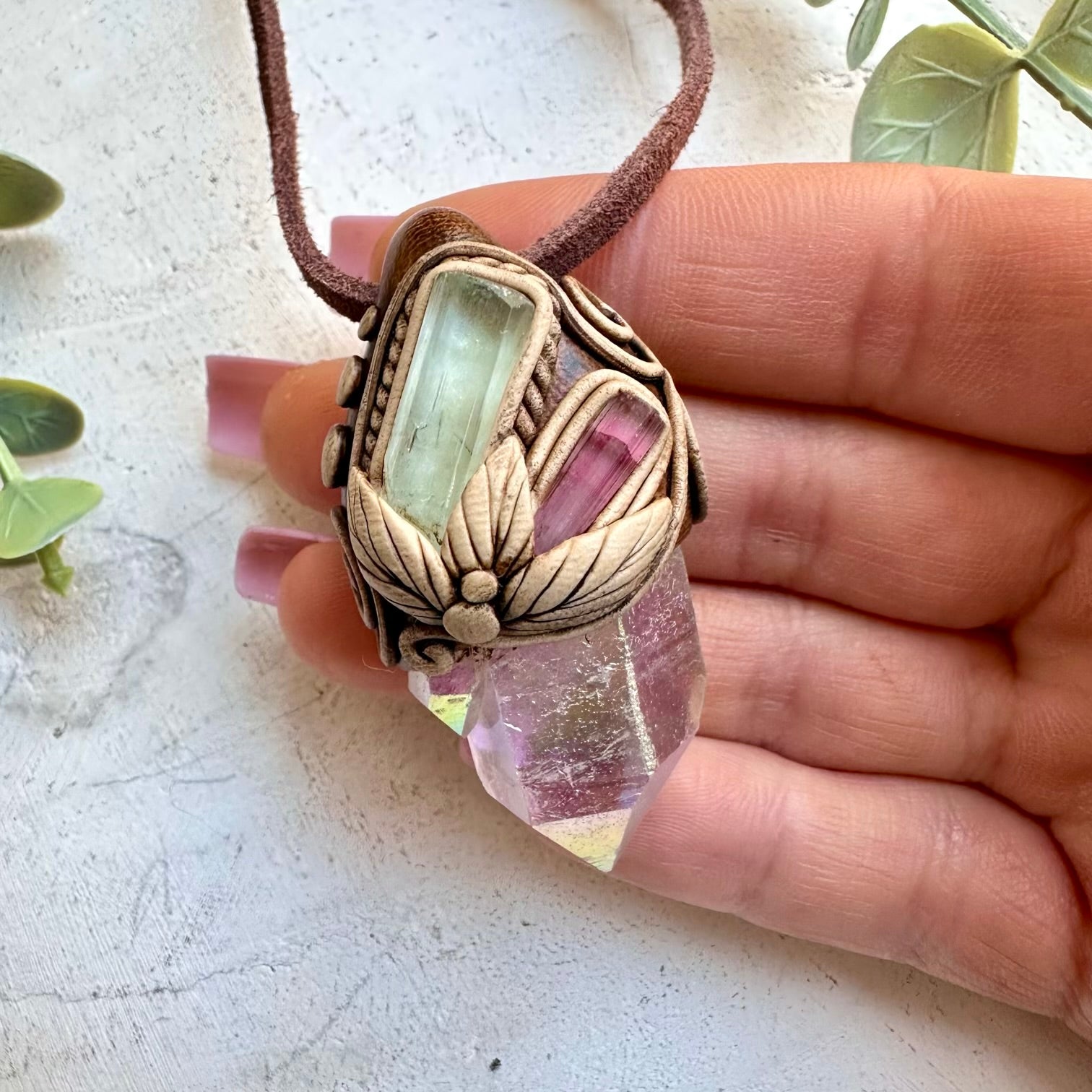 Angel aura quartz aquamarine and pink tourmaline necklace