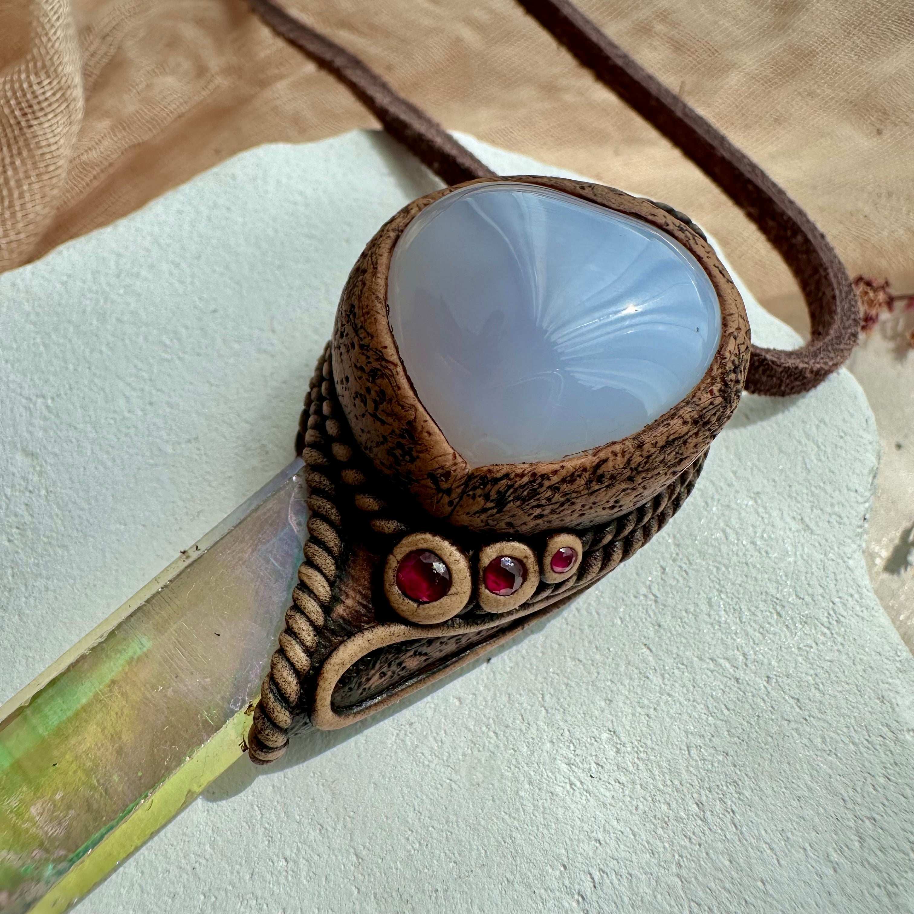Angel Aura Quartz Blue Chalcedony and Ruby Pendant Necklace - FairyGardenGlow