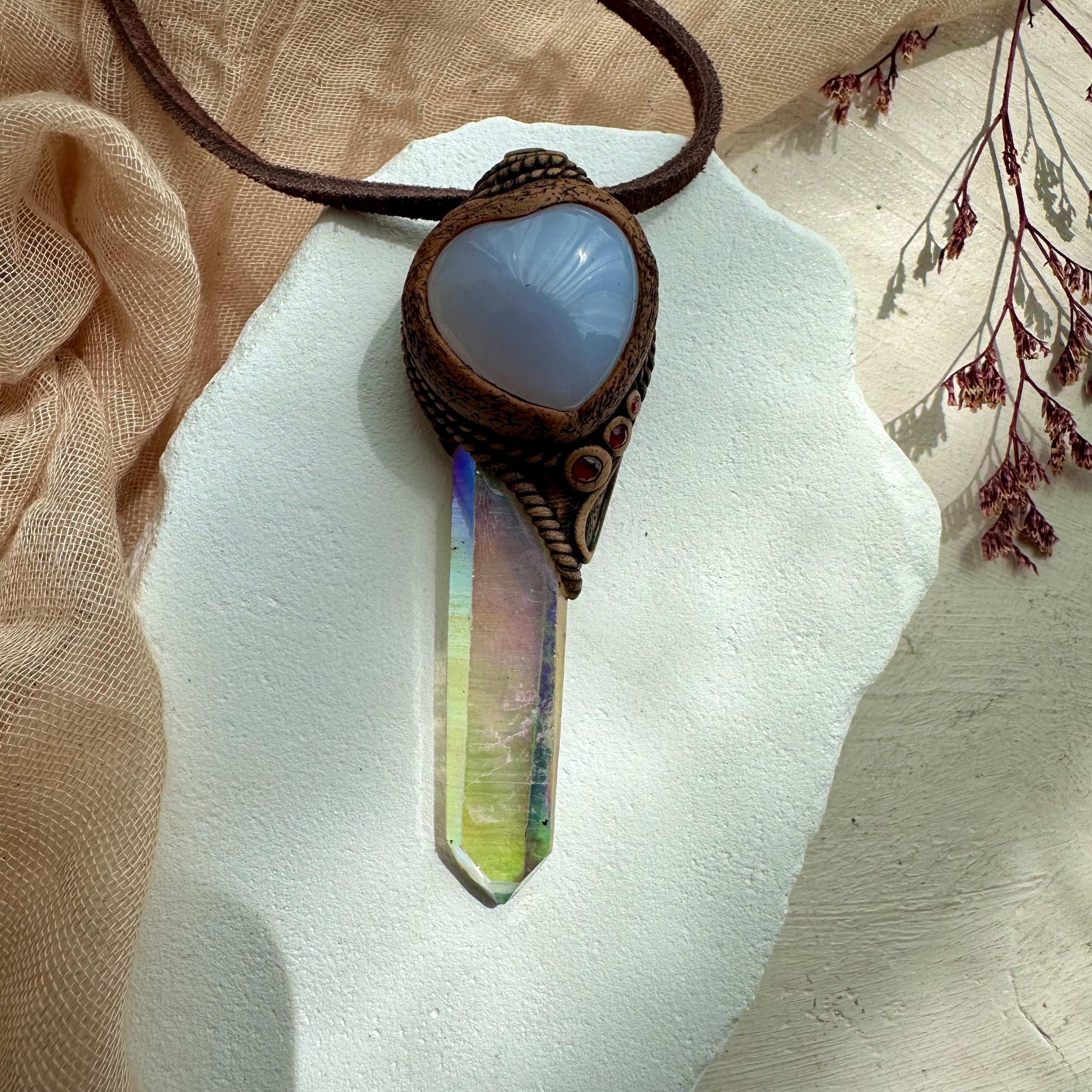 Angel Aura Quartz Blue Chalcedony and Ruby Pendant Necklace - FairyGardenGlow
