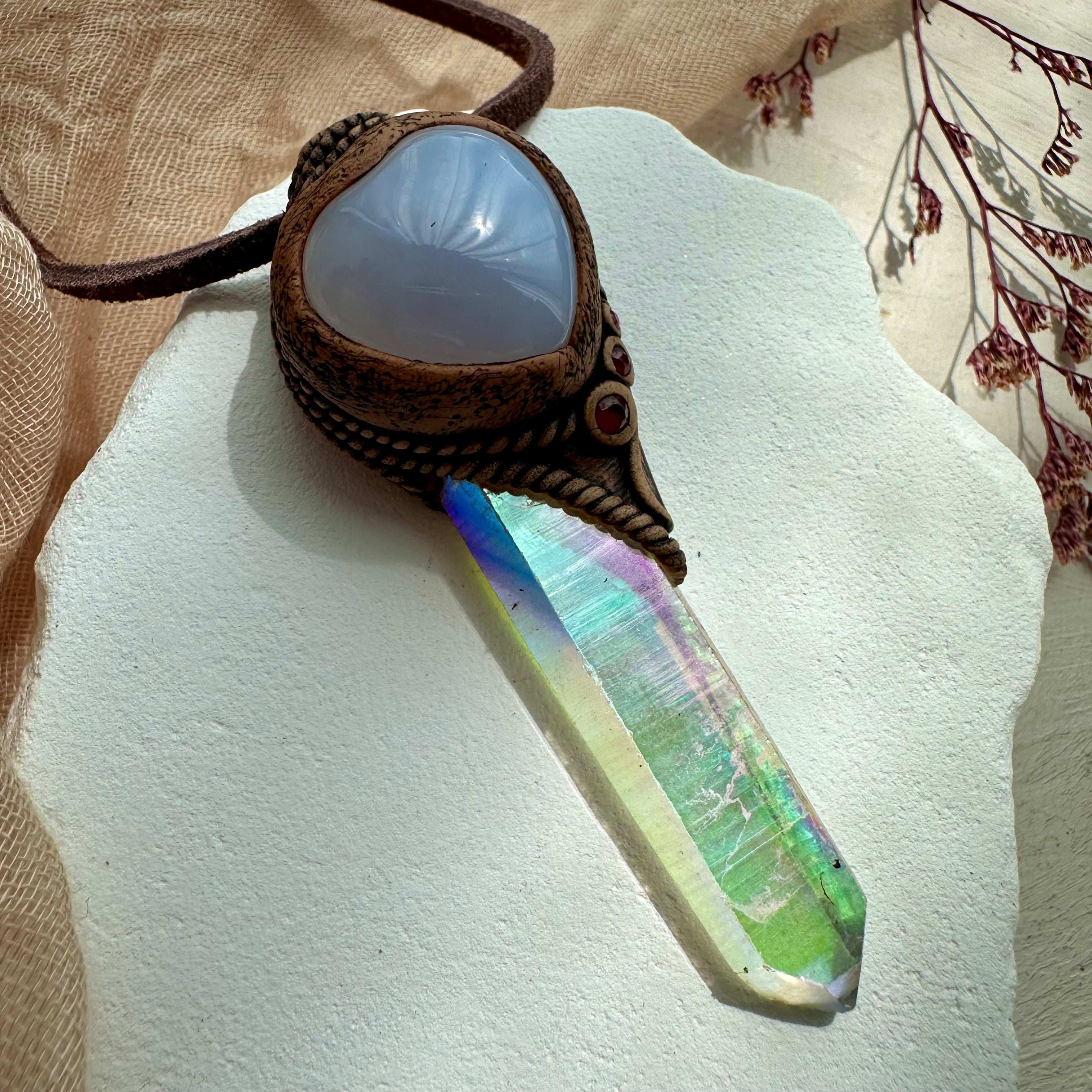 Angel Aura Quartz Blue Chalcedony and Ruby Pendant Necklace - FairyGardenGlow