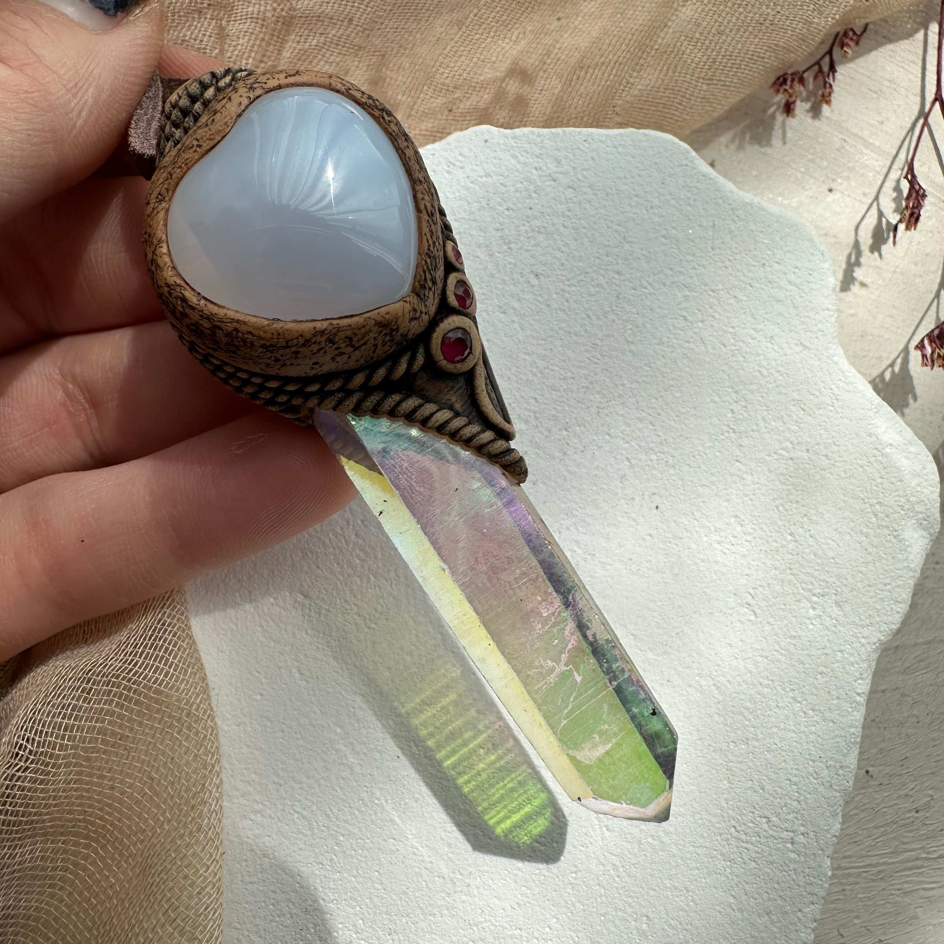 Angel Aura Quartz Blue Chalcedony and Ruby Pendant Necklace - FairyGardenGlow