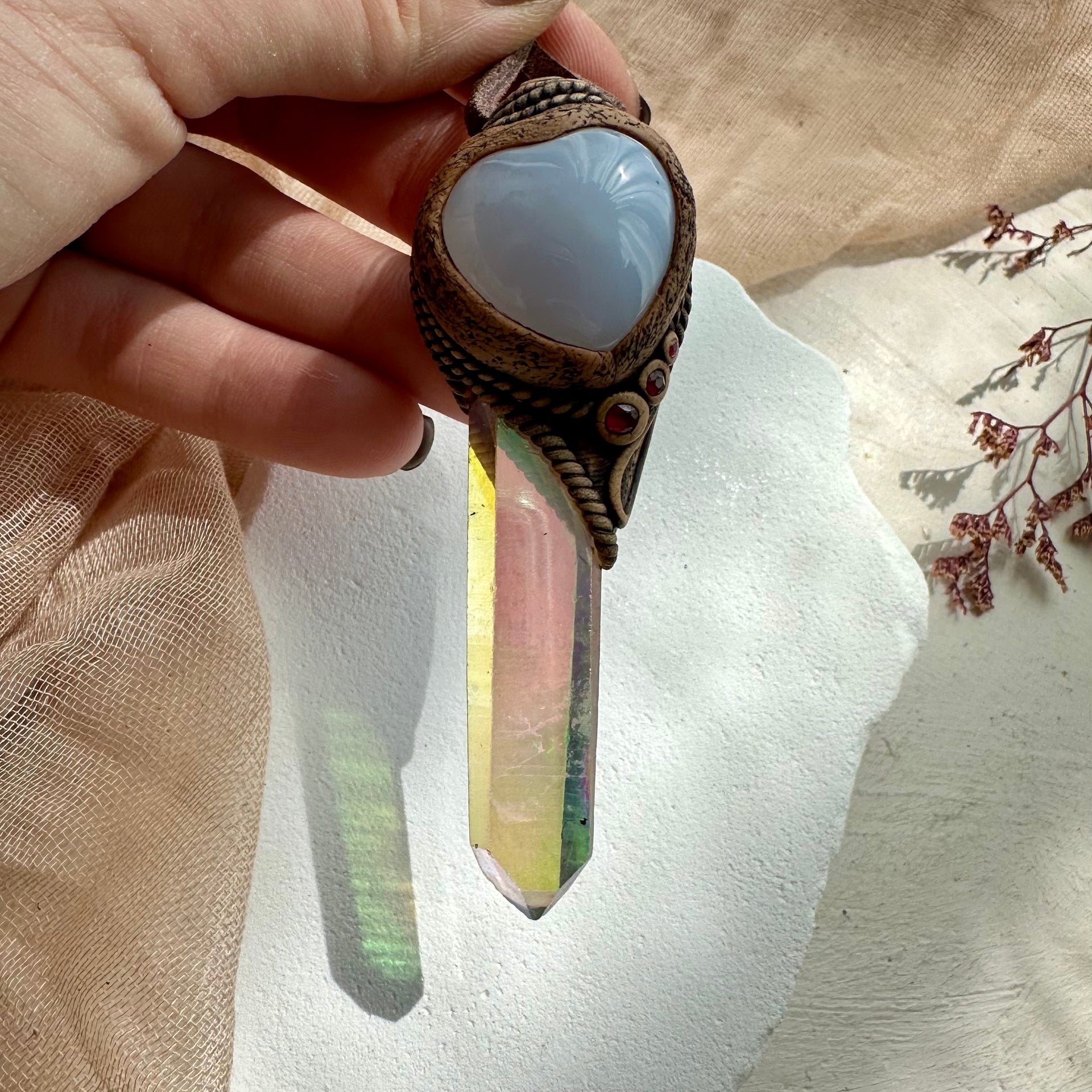 Angel Aura Quartz Blue Chalcedony and Ruby Pendant Necklace - FairyGardenGlow