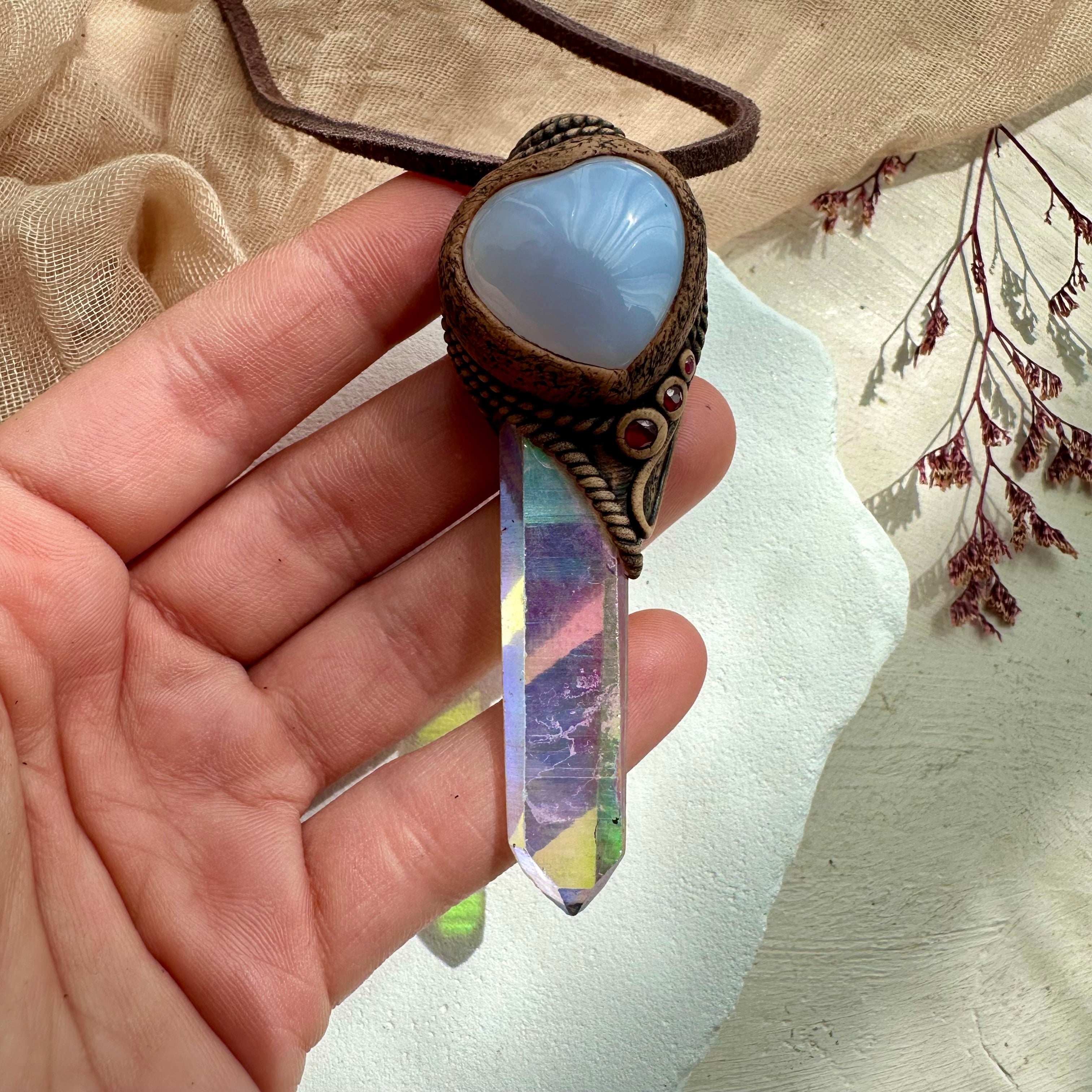 Angel Aura Quartz Blue Chalcedony and Ruby Pendant Necklace - FairyGardenGlow