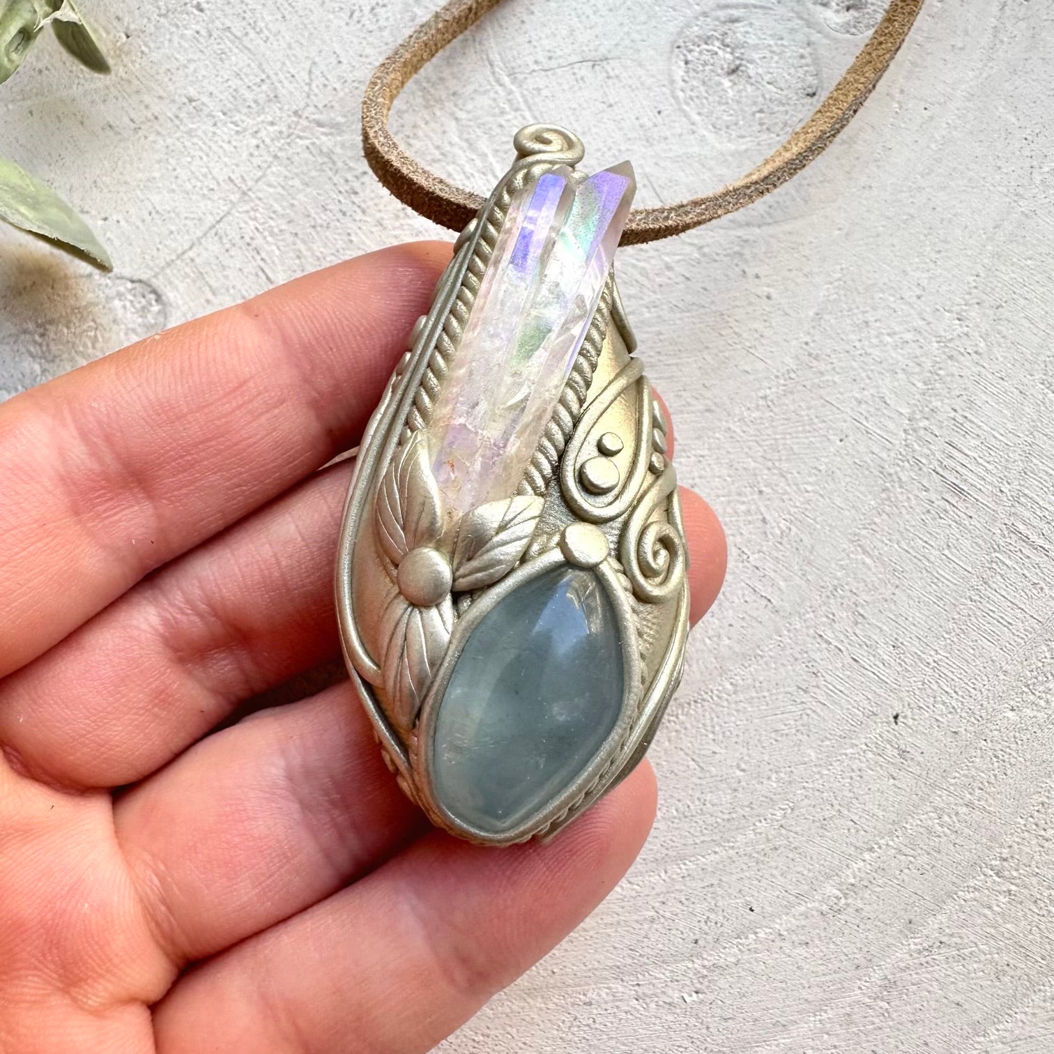 Angel aura quartz and celestite necklace