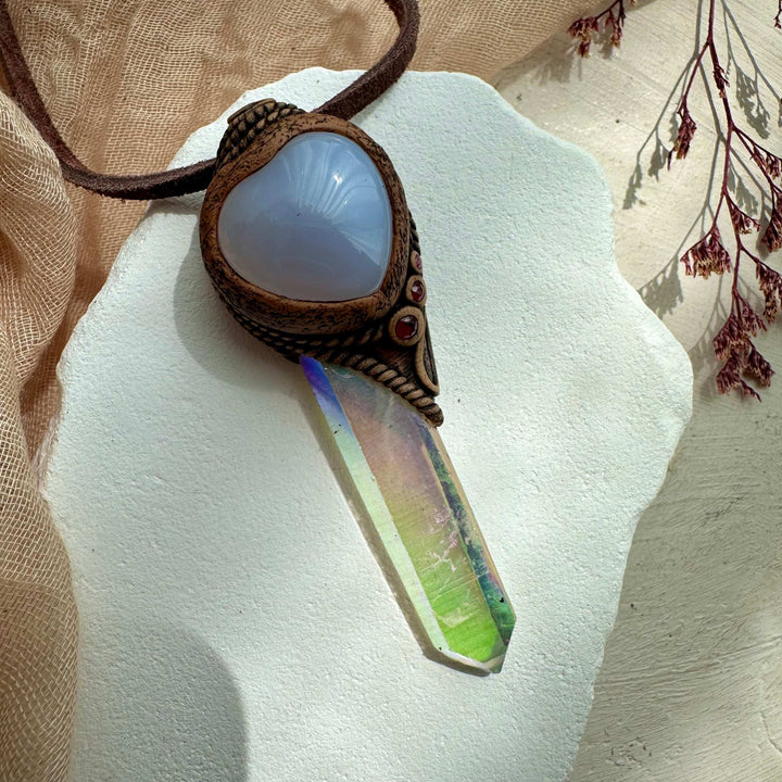 Angel Aura Quartz Blue Chalcedony and Ruby Pendant Necklace - FairyGardenGlow