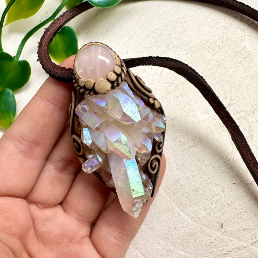 Angel Aura Quartz Cluster and Rose Quartz Necklace - FairyGardenGlow