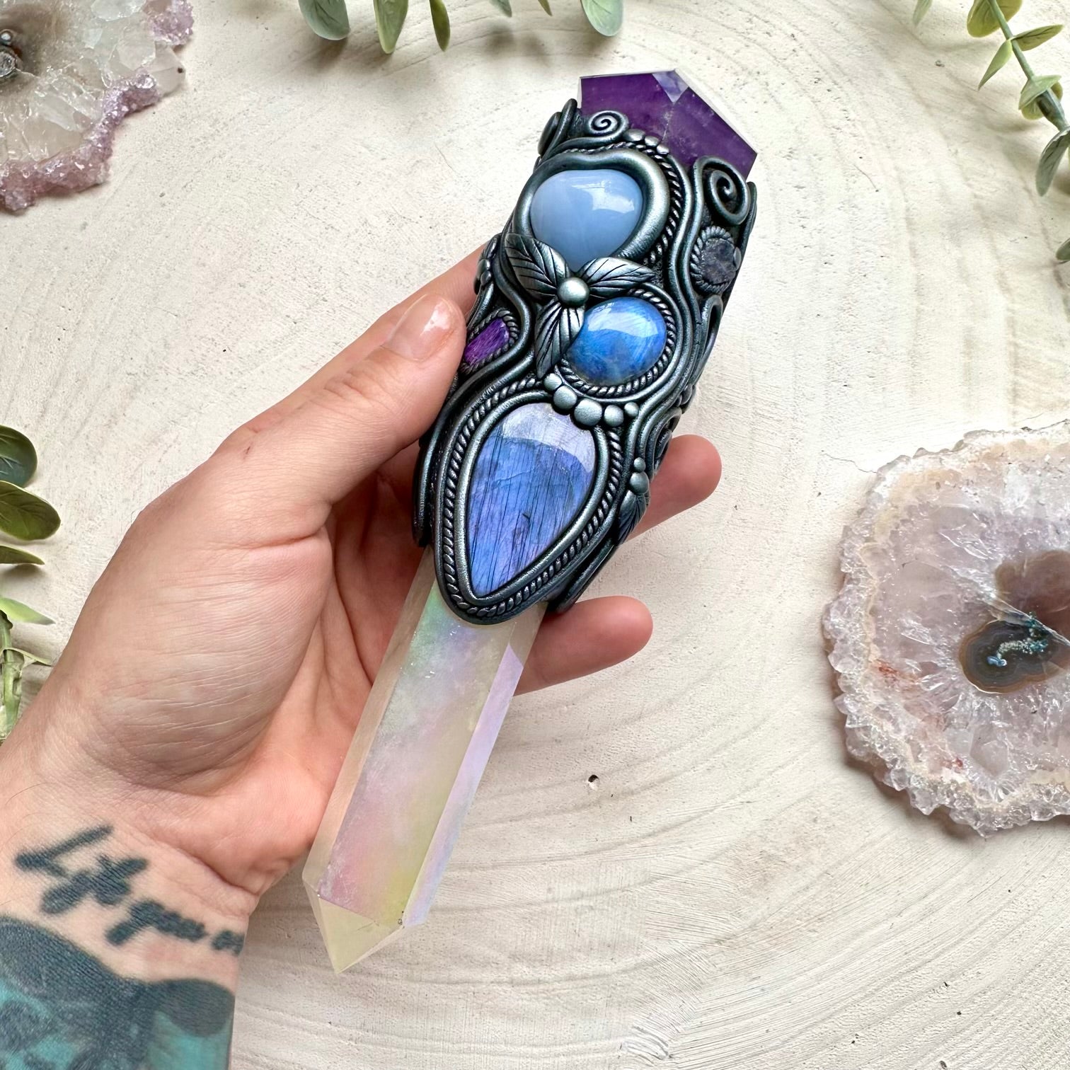 Angel aura quartz crystal wand with amethyst chalcedony moonstone labradorite charoite and tanzanite