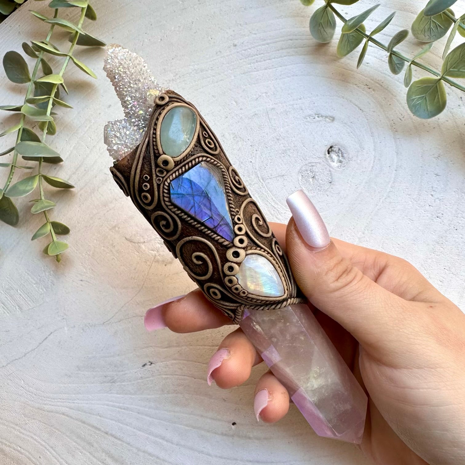 Handmade crystal wand pendant with aura quartz and moonstone