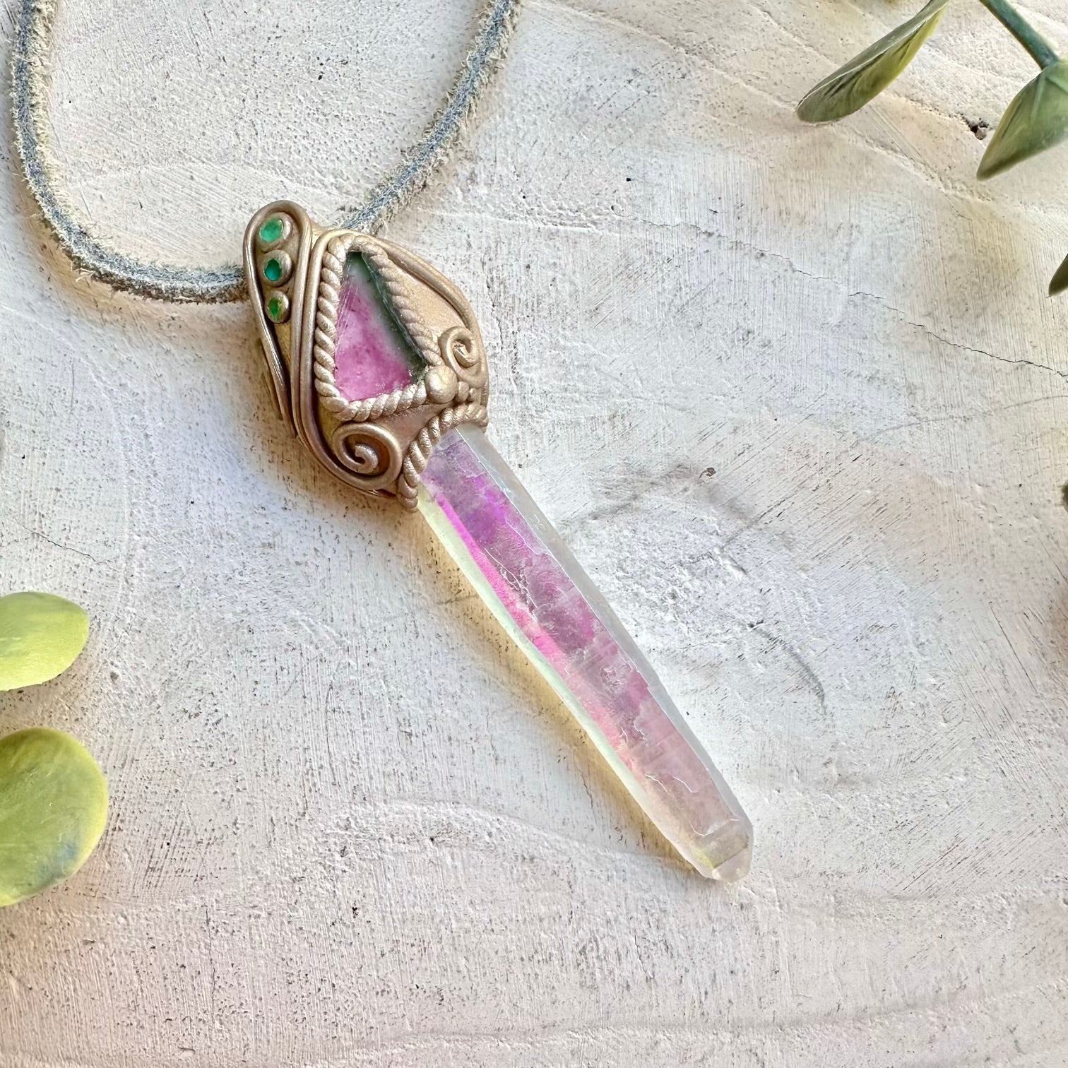 Crystal talisman necklace with angel aura quartz watermelon tourmaline and emerald healing stones