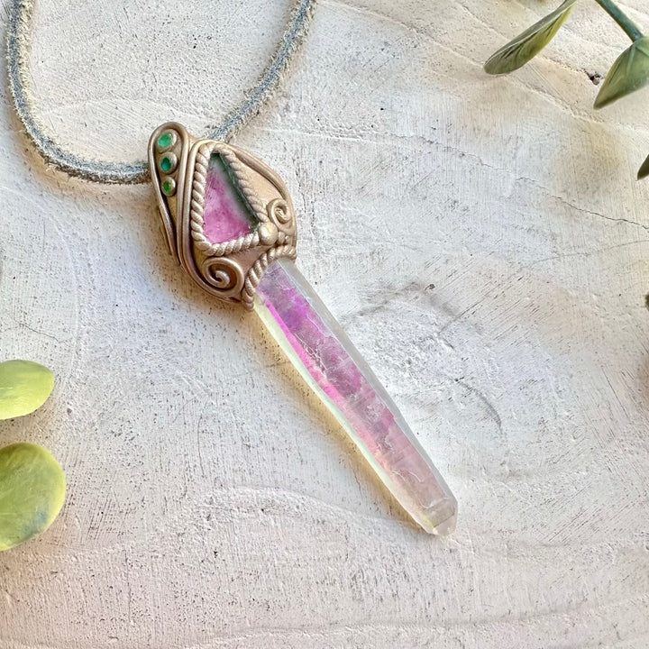 Crystal talisman necklace with angel aura quartz watermelon tourmaline and emerald healing stones