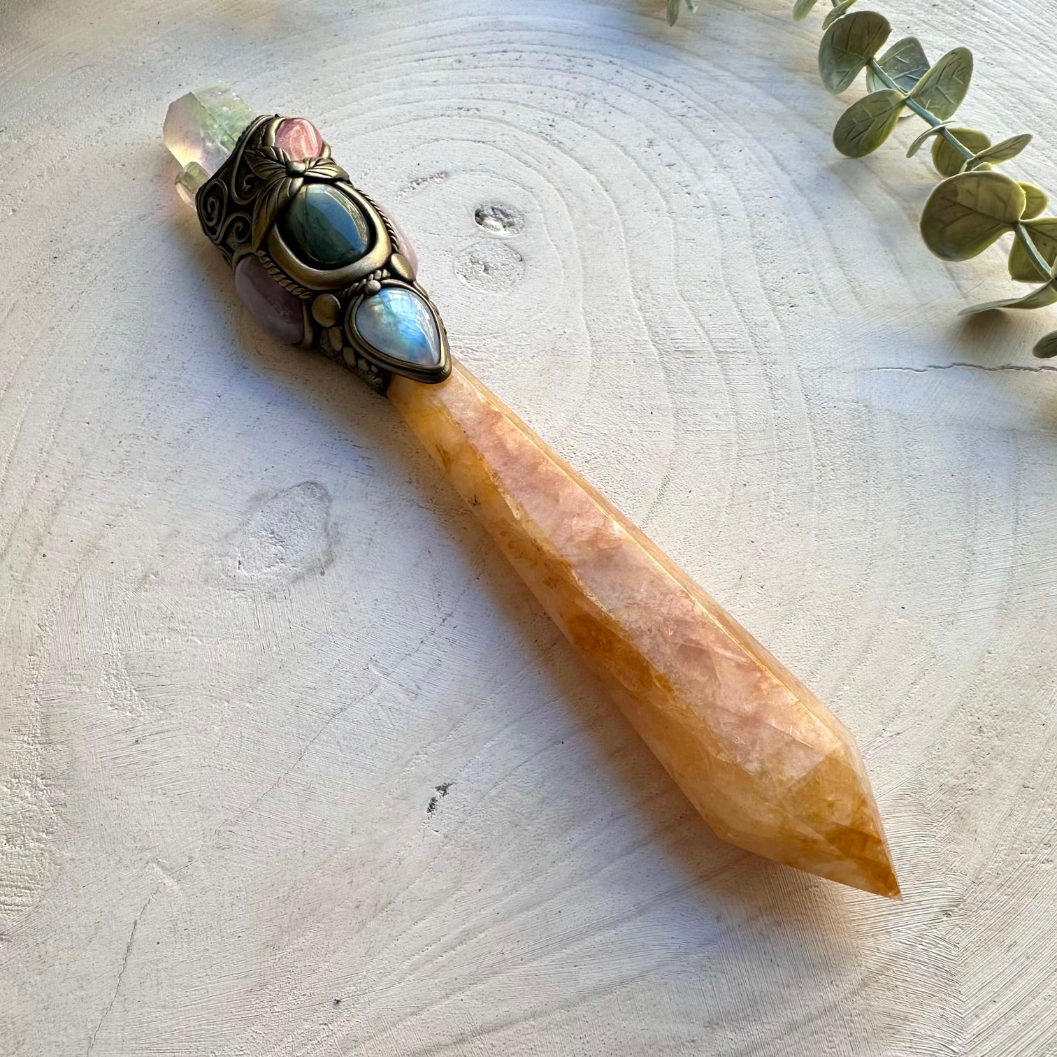 Ritual crystal wand with golden healer and rainbow moonstone