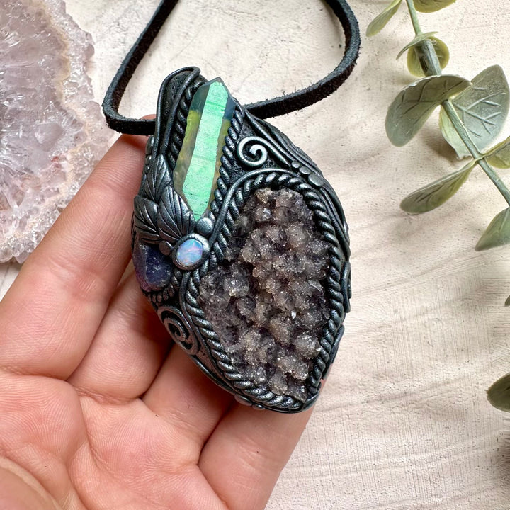 Energy pendant with quartz on amethyst and opal