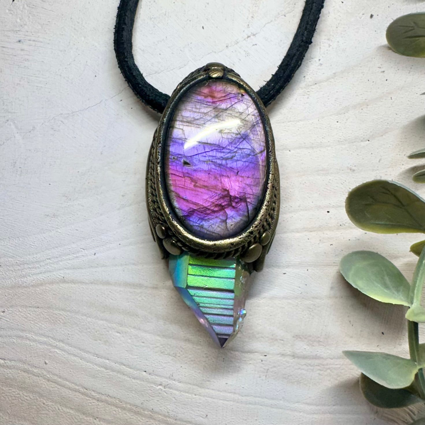 Handmade necklace featuring angel aura quartz and labradorite