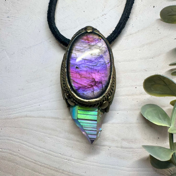 Handmade necklace featuring angel aura quartz and labradorite