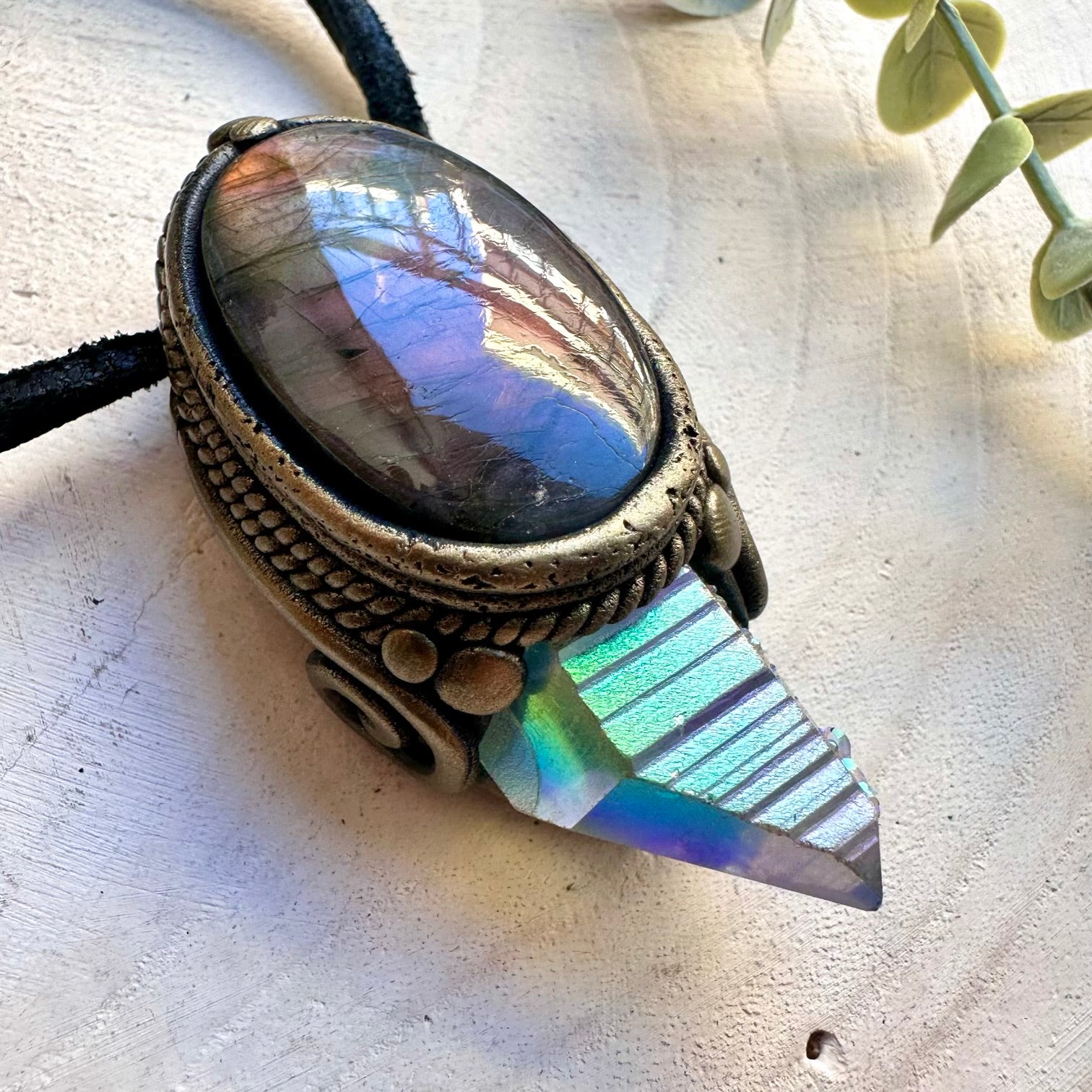 Spiritual crystal necklace featuring angel aura quartz and labradorite