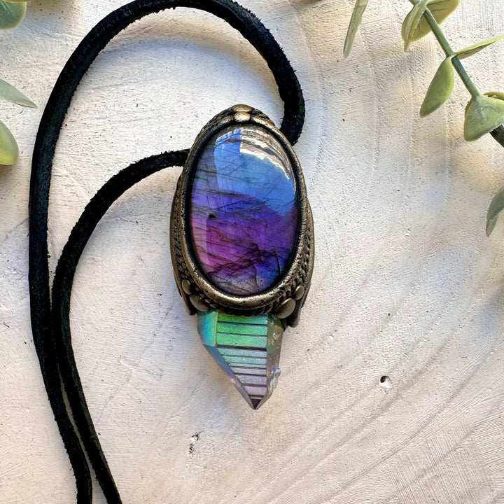 Unique crystal pendant necklace with angel aura quartz and labradorite