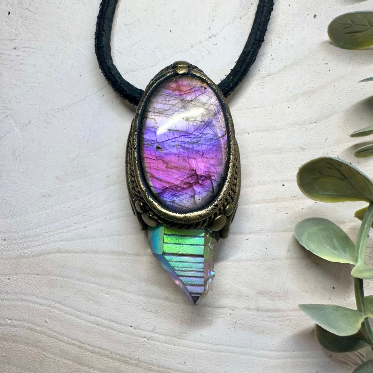 Angel aura quartz and labradorite necklace for spiritual wear
