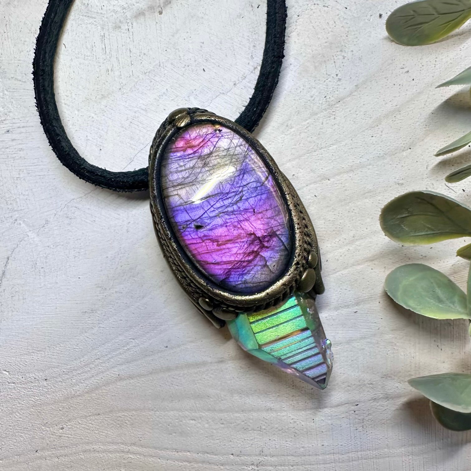 Angel aura quartz and labradorite pendant necklace, handmade spiritual jewelry