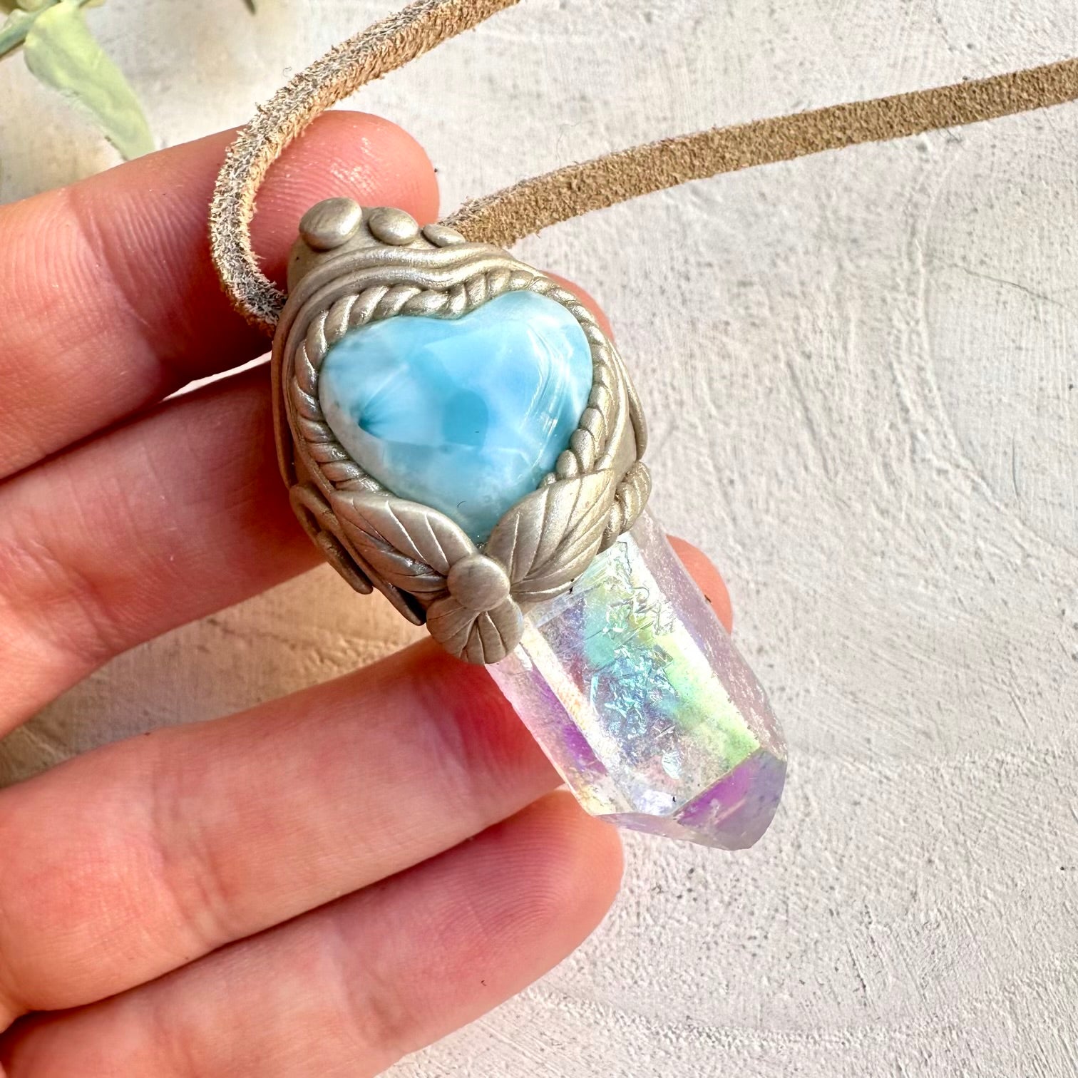 Angel aura quartz and larimar heart necklace spiritual crystal jewelry
