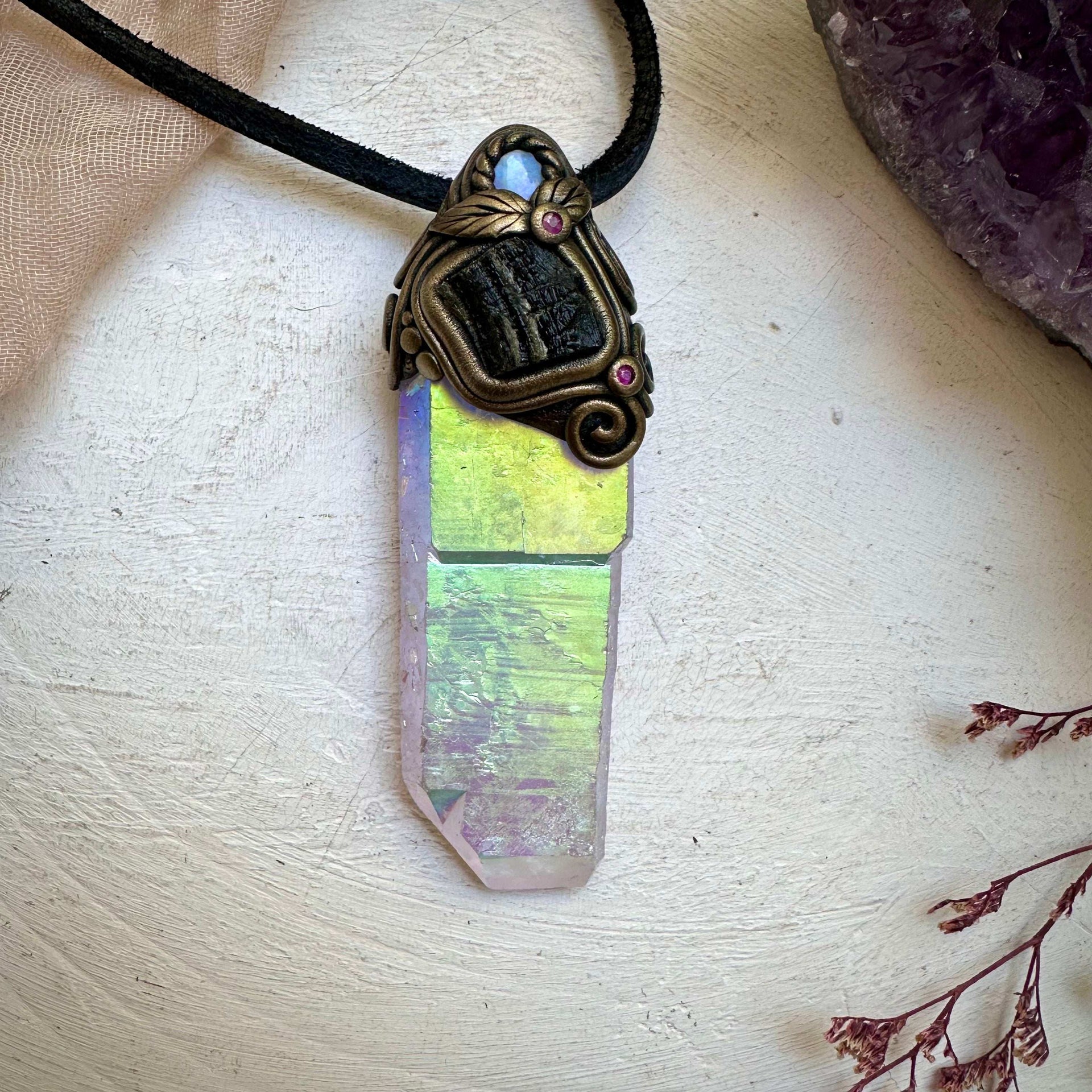 Angel Aura Quartz Moldavite Australian Opal and Ruby Wand / Pendant - FairyGardenGlow