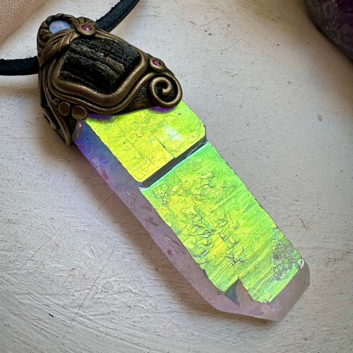 Angel Aura Quartz Moldavite Australian Opal and Ruby Wand / Pendant - FairyGardenGlow