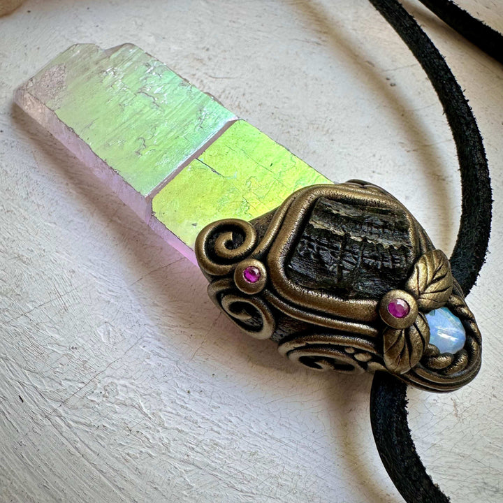 Angel Aura Quartz Moldavite Australian Opal and Ruby Wand / Pendant - FairyGardenGlow