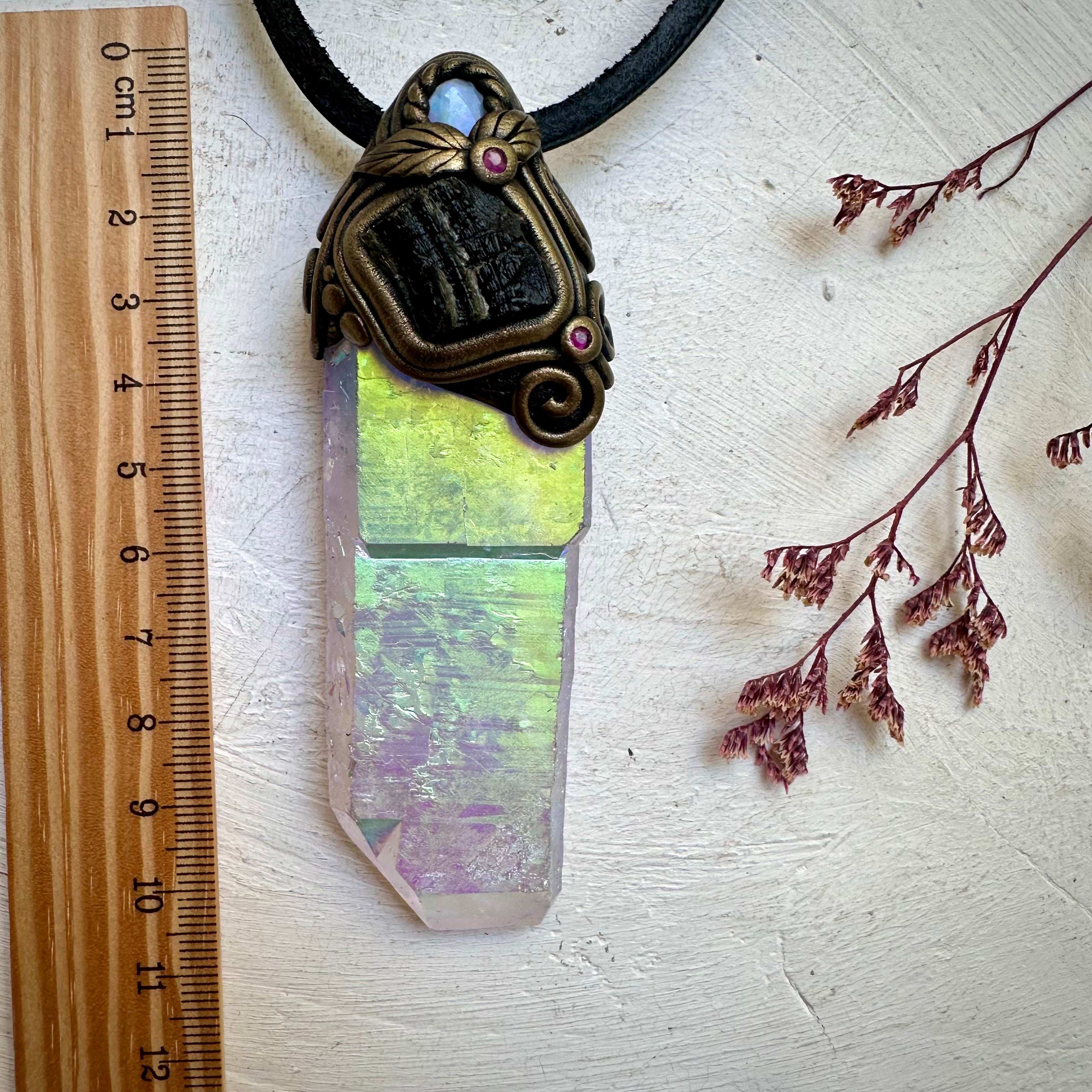 Angel Aura Quartz Moldavite Australian Opal and Ruby Wand / Pendant - FairyGardenGlow
