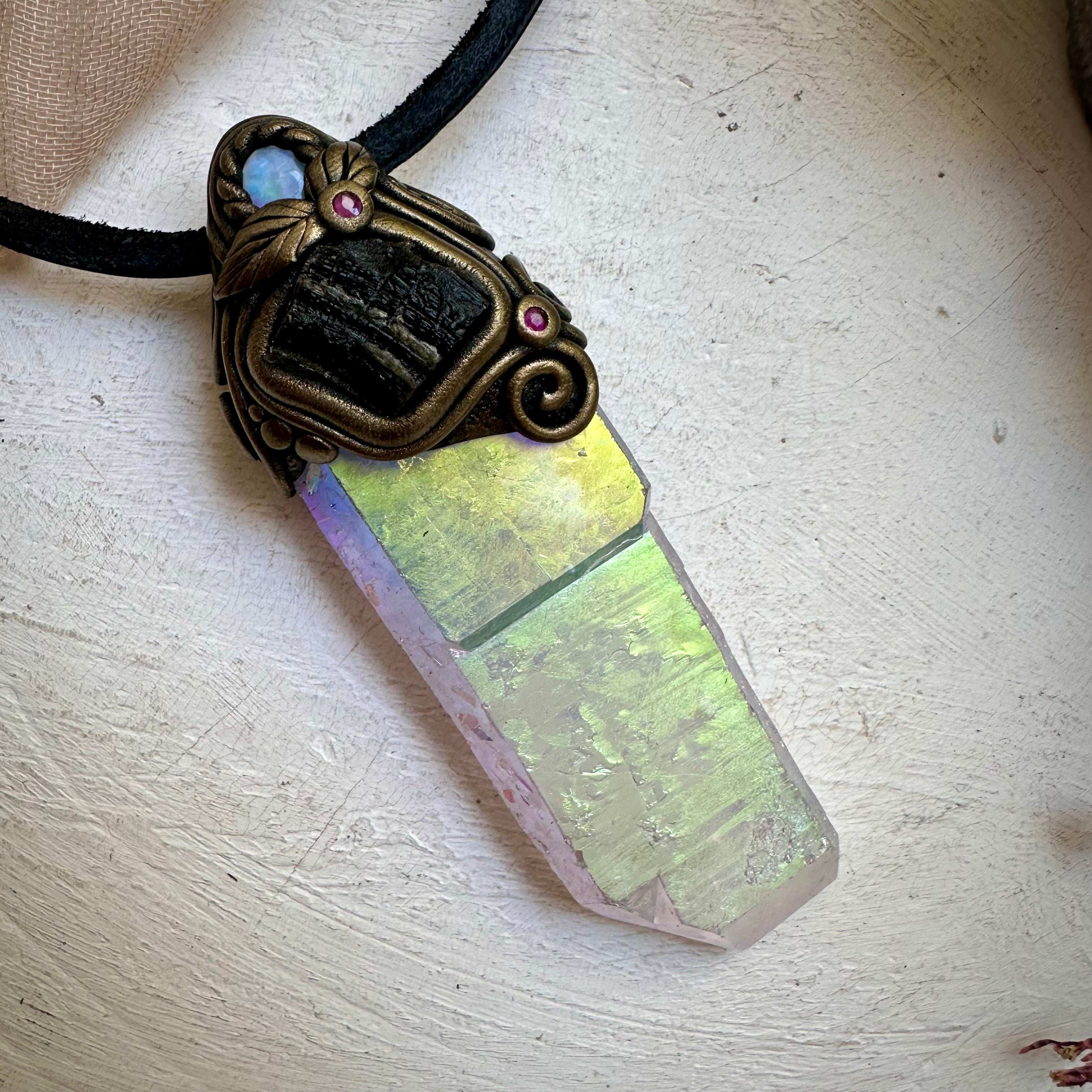 Angel Aura Quartz Moldavite Australian Opal and Ruby Wand / Pendant - FairyGardenGlow