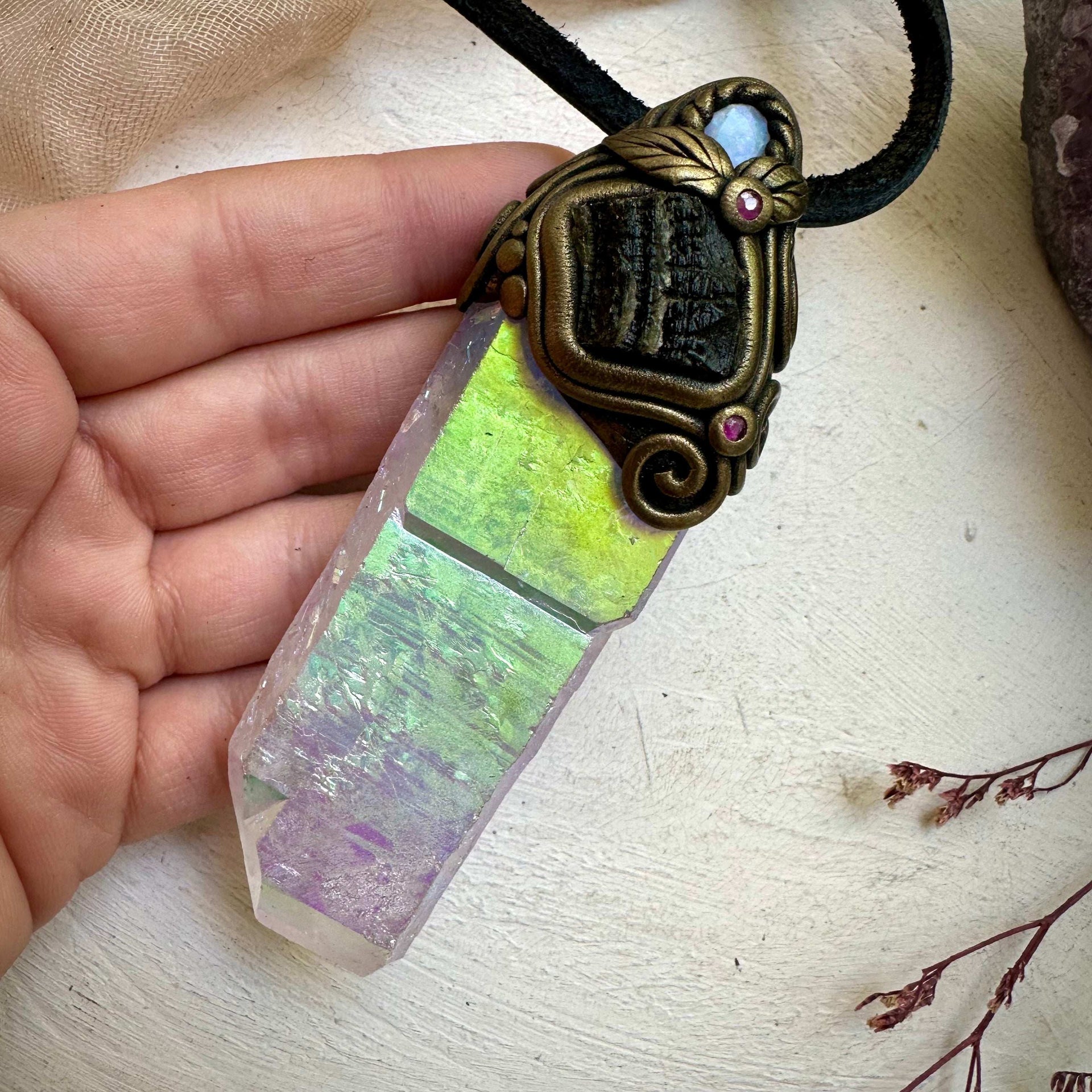 Angel Aura Quartz Moldavite Australian Opal and Ruby Wand / Pendant - FairyGardenGlow