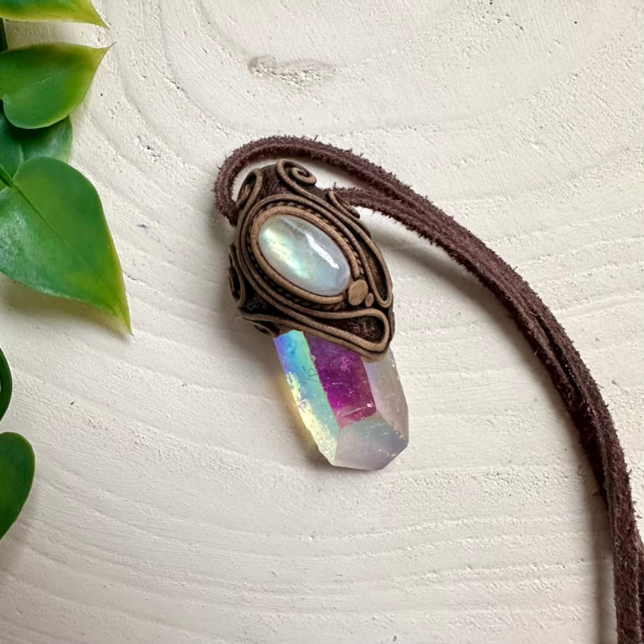 Healing stone pendant crafted with Angel Aura Quartz and Rainbow Moonstone