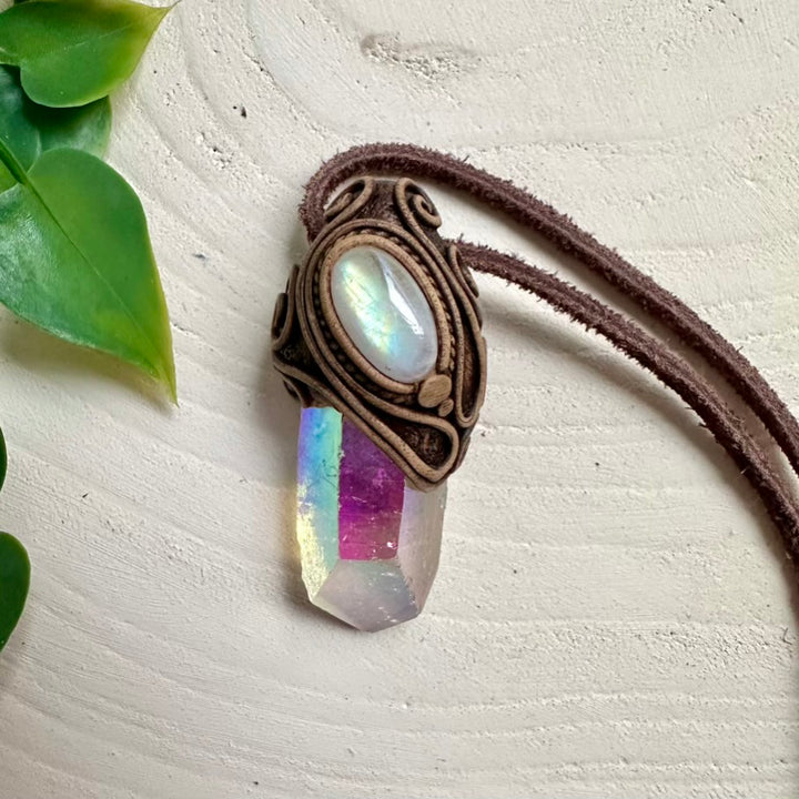 Angel Aura Quartz crystal pendant accented with Rainbow Moonstone