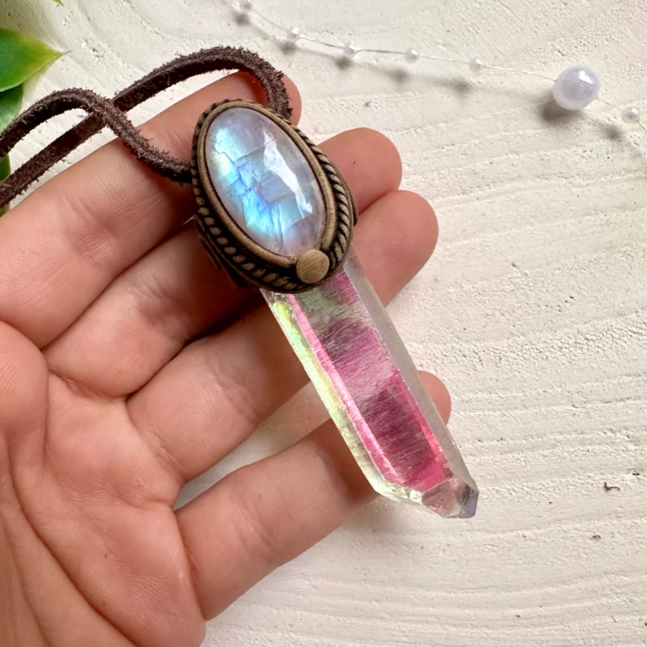 Spiritual jewelry with Angel Aura Quartz and Rainbow Moonstone
