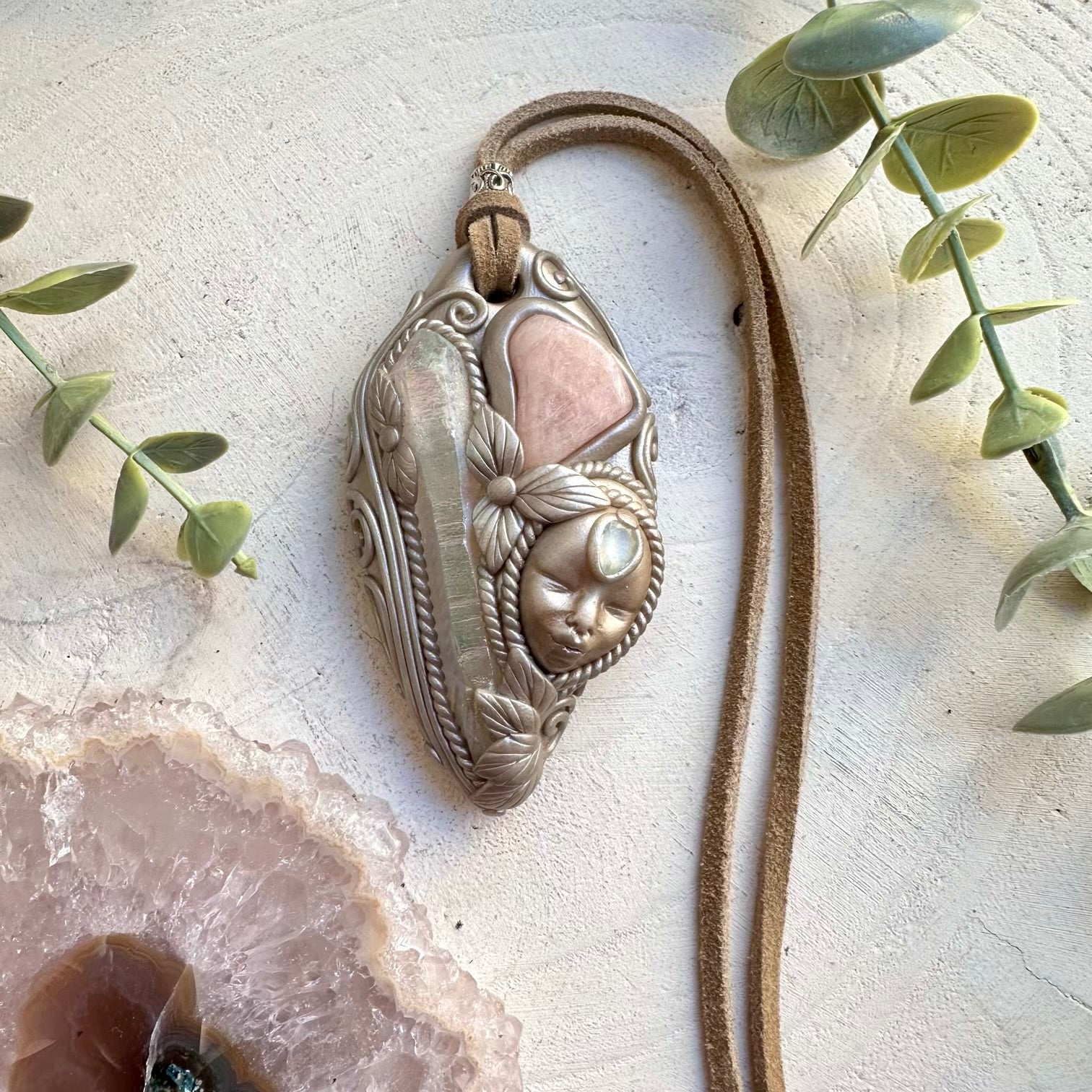 Angel aura quartz morganite and blue topaz goddess necklace