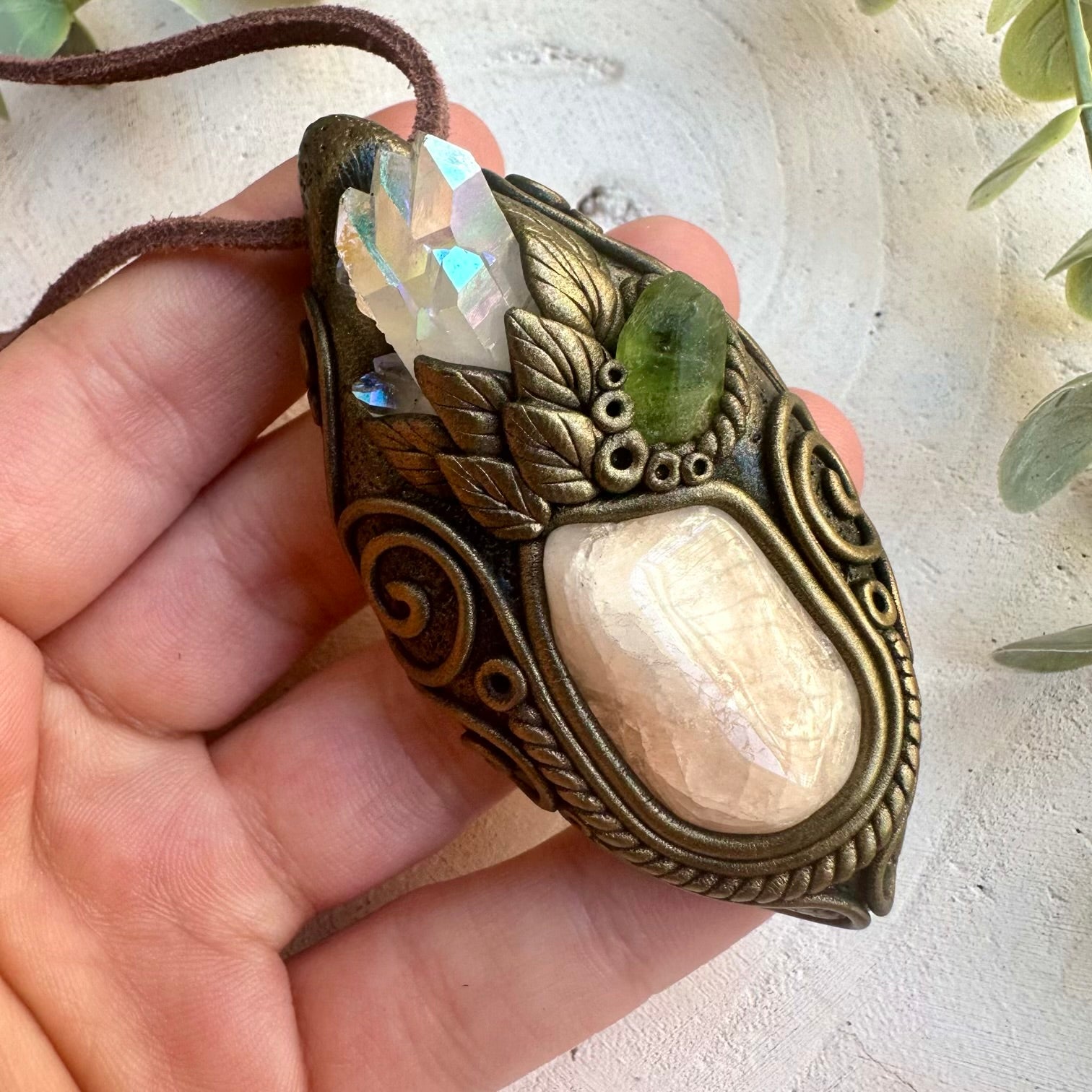 Handmade heart healing crystal necklace with morganite and peridot