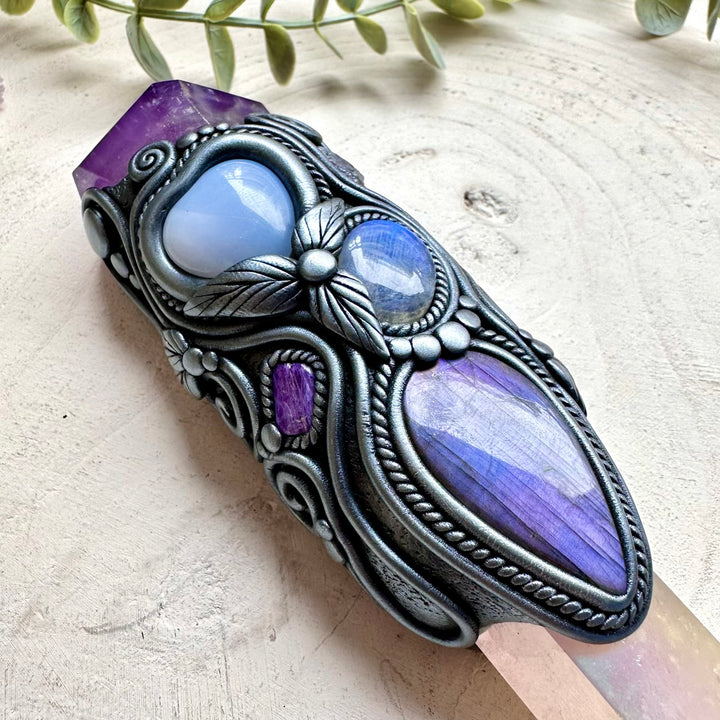 Aura quartz and labradorite unisex spiritual crystal wand