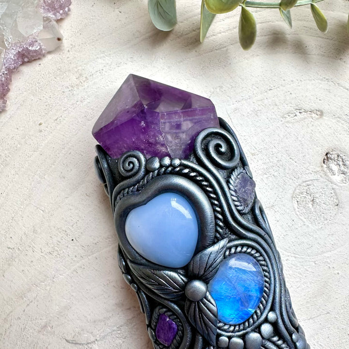 Healing crystal wand with angel aura quartz and tanzanite