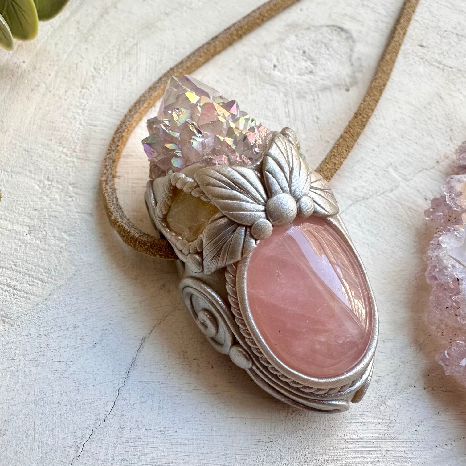 One of a kind rose quartz and Ethiopian opal gemstone necklace