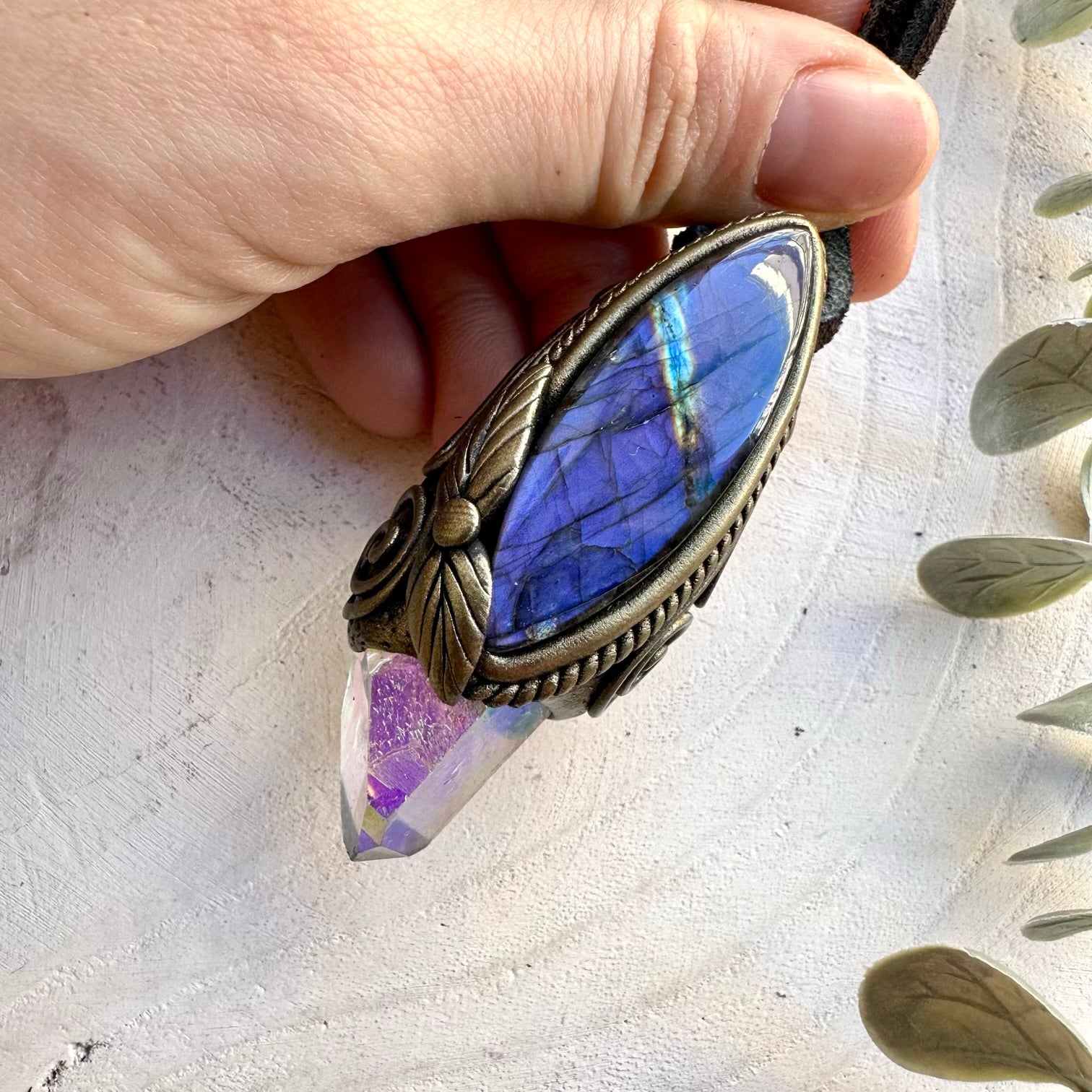 Angel aura quartz and purple labradorite pendant necklace, handmade spiritual jewelry