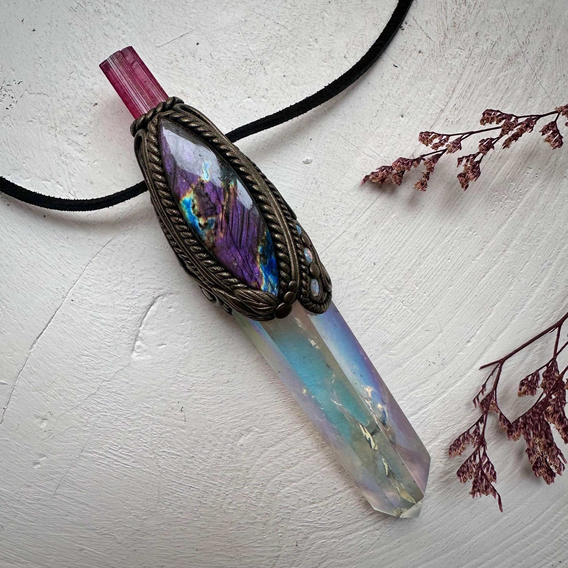 Angel Aura Quartz Purple Labradorite Rubellite Tourmaline and Australian Opal Wand / Pendant - FairyGardenGlow