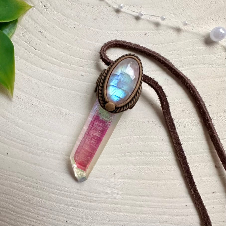 Angel Aura Quartz and Rainbow Moonstone healing crystal necklace
