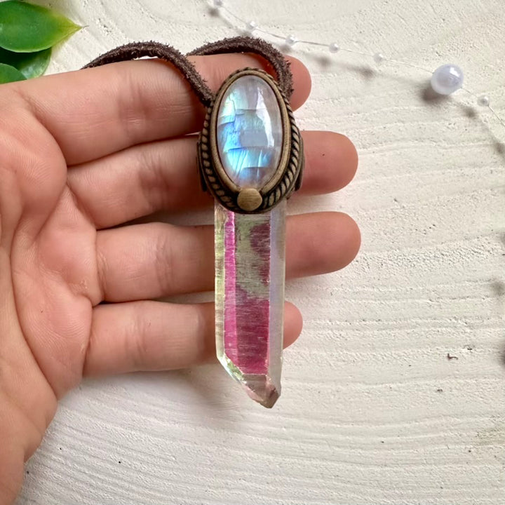 Natural crystal pendant with Angel Aura Quartz and Rainbow Moonstone