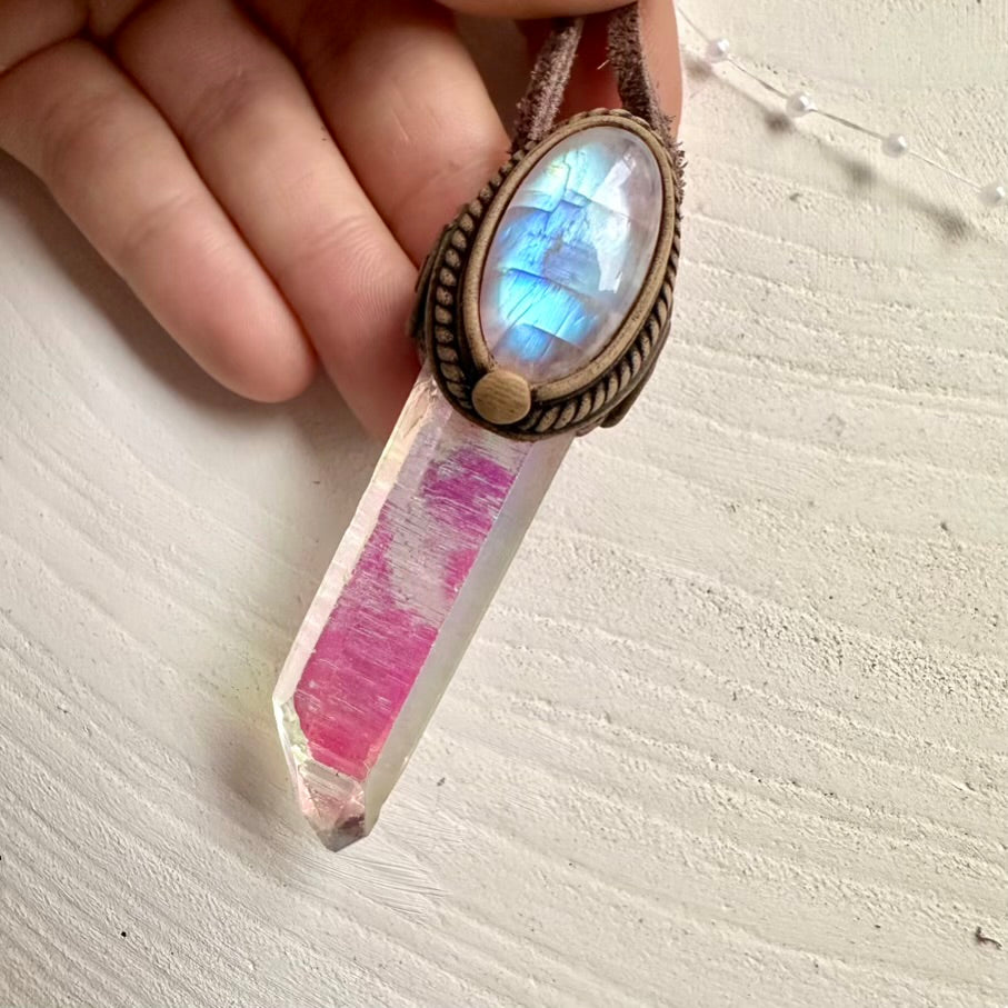 Angel Aura Quartz and Rainbow Moonstone pendant necklace – handmade crystal jewelry