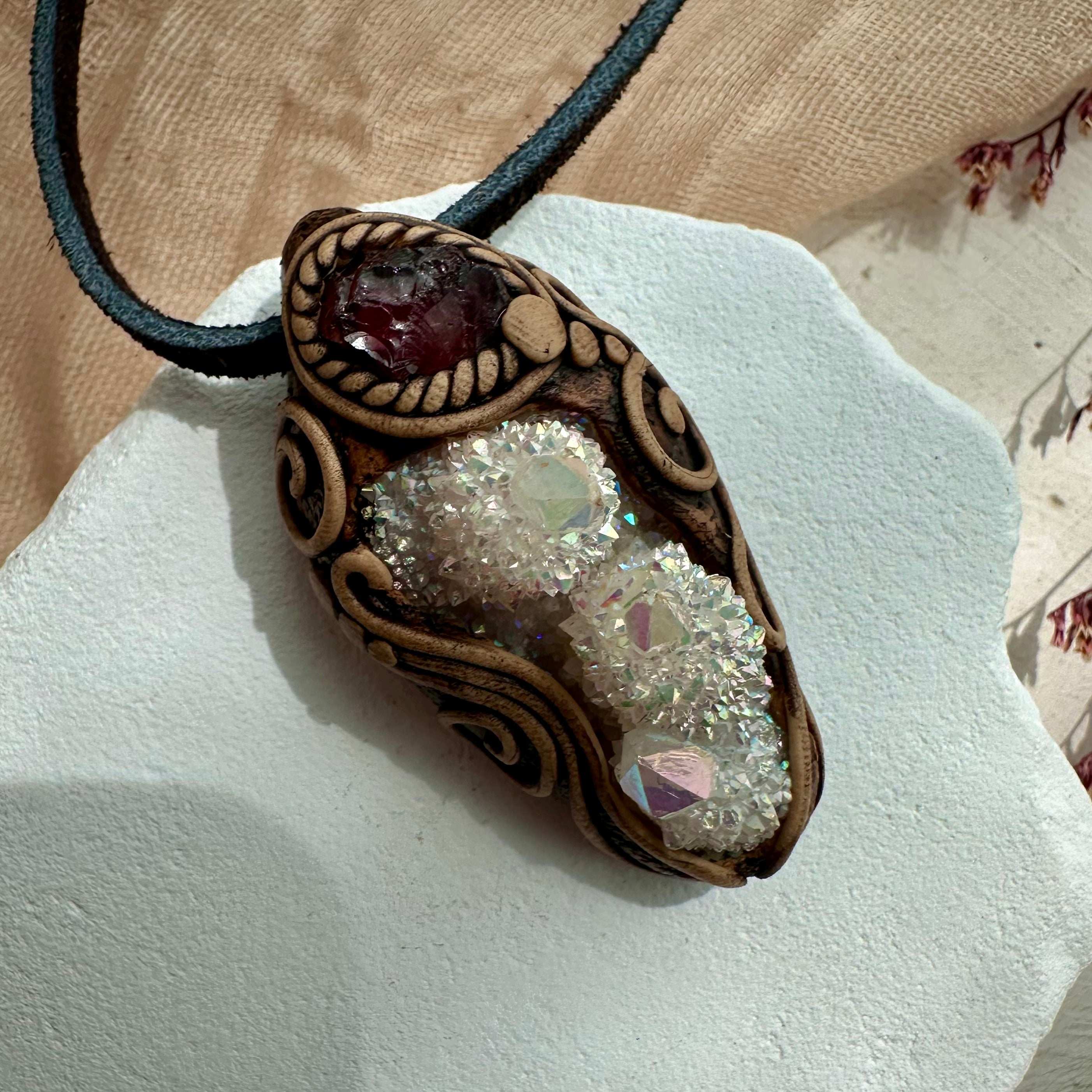 Angel Aura Spirit Quartz and Red Garnet Pendant Necklace - FairyGardenGlow